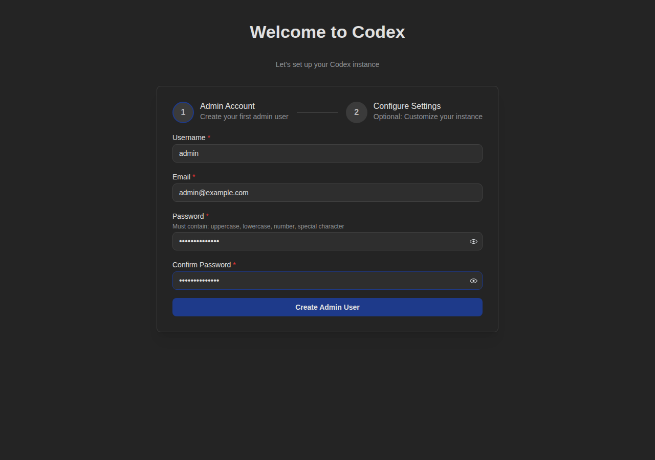 Setup Wizard - Create Admin Account